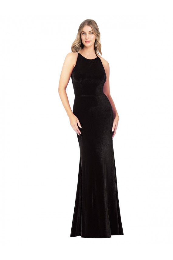 Cheap Vintage Velvet High Neck Prom Dress with Strappy Back UK