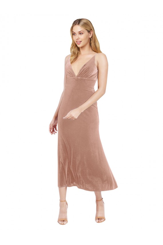 Cheap Midi Length Short V-Neck Velvet Cocktail Prom Dress / Homecoming Dress with Notched Neckline UK