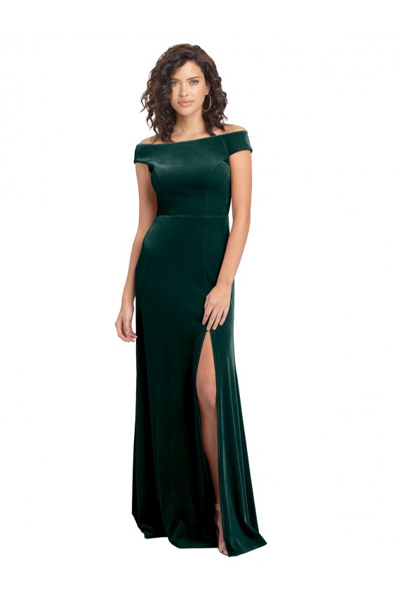 Cheap Floor Length Cap Sleeves Long Velvet Prom Dress with High Side Slit UK