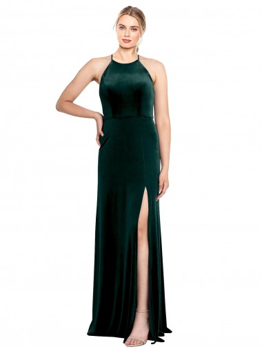 Cheap Long Jewel Neck Full Length Velvet Prom Dress with Side Slit UK