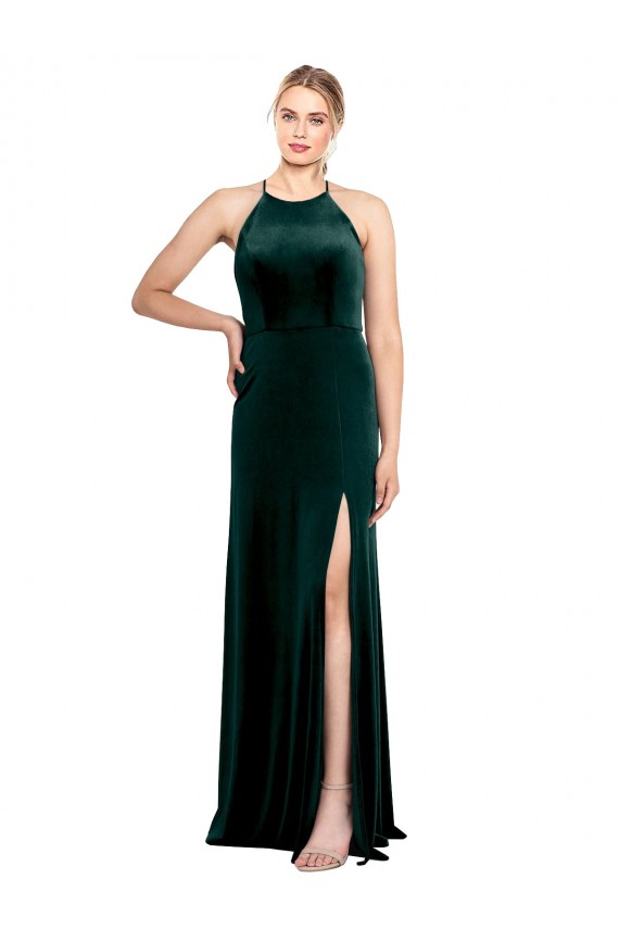 Cheap Long Jewel Neck Full Length Velvet Prom Dress with Side Slit UK
