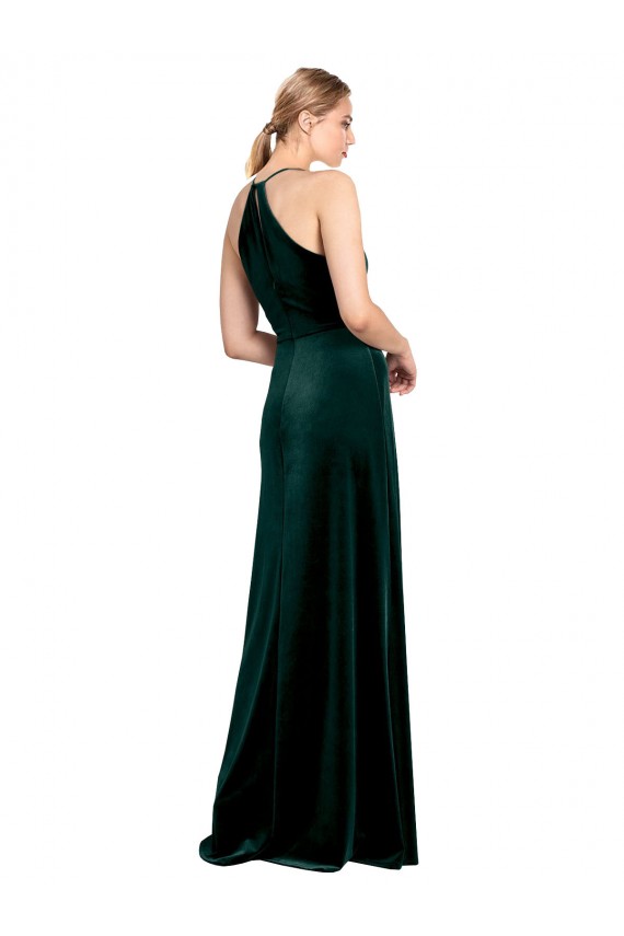 Cheap Long Jewel Neck Full Length Velvet Prom Dress with Side Slit UK