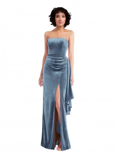 Cheap Strapless Velvet Maxi Prom Dress with Draped Skirt UK