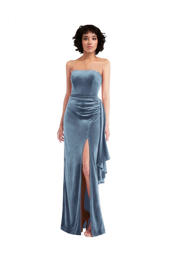 Cheap Strapless Velvet Maxi Prom Dress with Draped Skirt UK