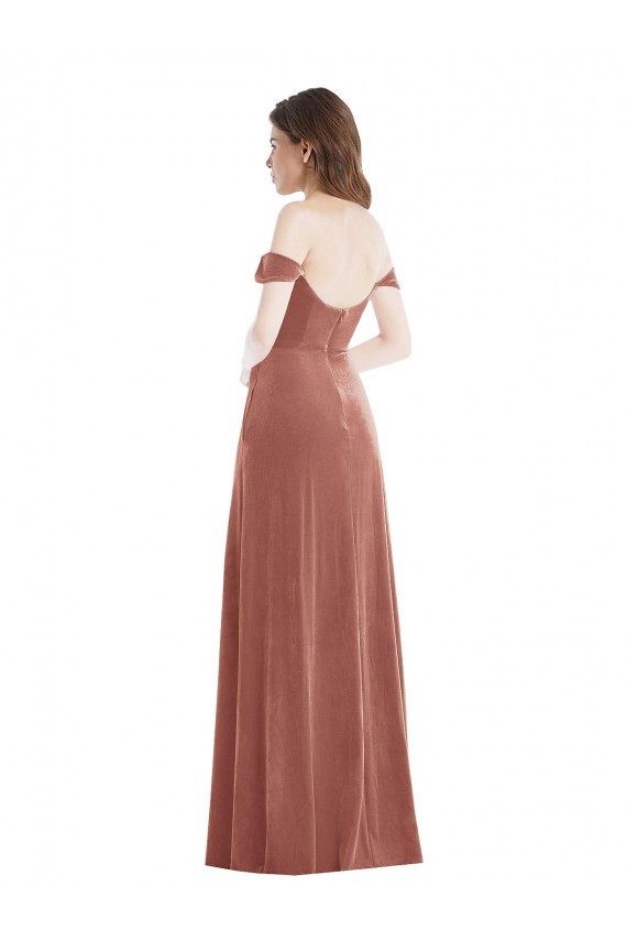 Cheap Off the Shoulder Flounce Sleeve Velvet Maxi Prom Dress & Pockets UK