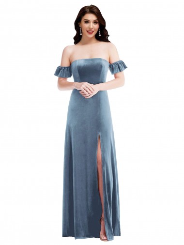 Cheap Ruffle Sleeve Off the Shoulder Velvet Maxi Prom Dress UK