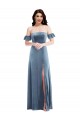 Cheap Ruffle Sleeve Off the Shoulder Velvet Maxi Prom Dress UK