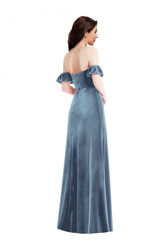 Cheap Ruffle Sleeve Off the Shoulder Velvet Maxi Prom Dress UK