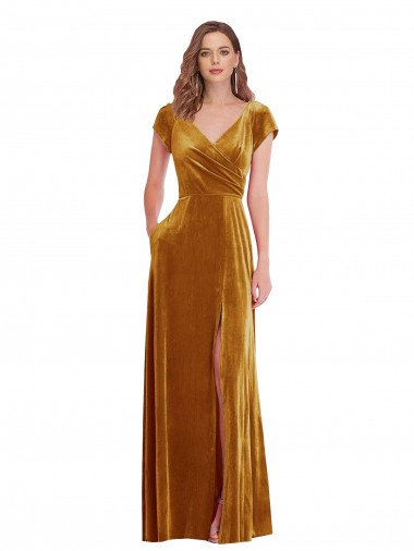 Cheap Cap Sleeve Faux Wrap Velvet Maxi Prom Dress with Pockets UK