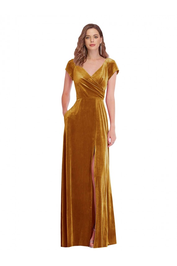 Cheap Cap Sleeve Faux Wrap Velvet Maxi Prom Dress with Pockets UK