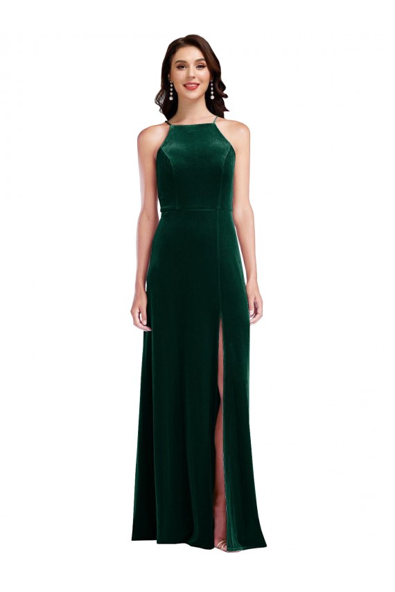 Cheap Velvet Halter Maxi Prom Dress with Front Slit & Pockets UK