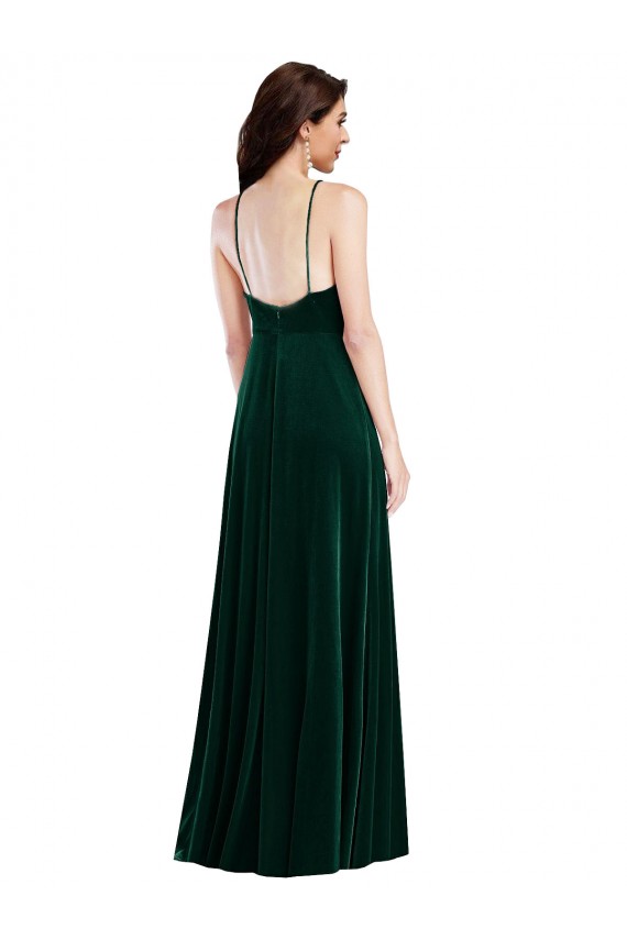 Cheap Velvet Halter Maxi Prom Dress with Front Slit & Pockets UK