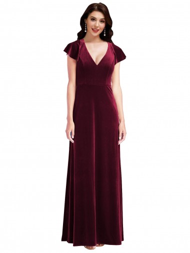Cheap Flutter Sleeve Velvet Maxi Prom Dress with Pockets UK