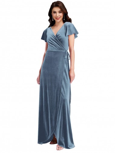 Cheap Flutter Sleeve Velvet Wrap Maxi Prom Dress with Pockets UK