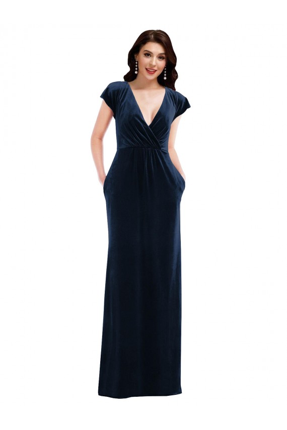 Cheap Flutter Sleeve Wrap Bodice Velvet Maxi Prom Dress with Pockets UK