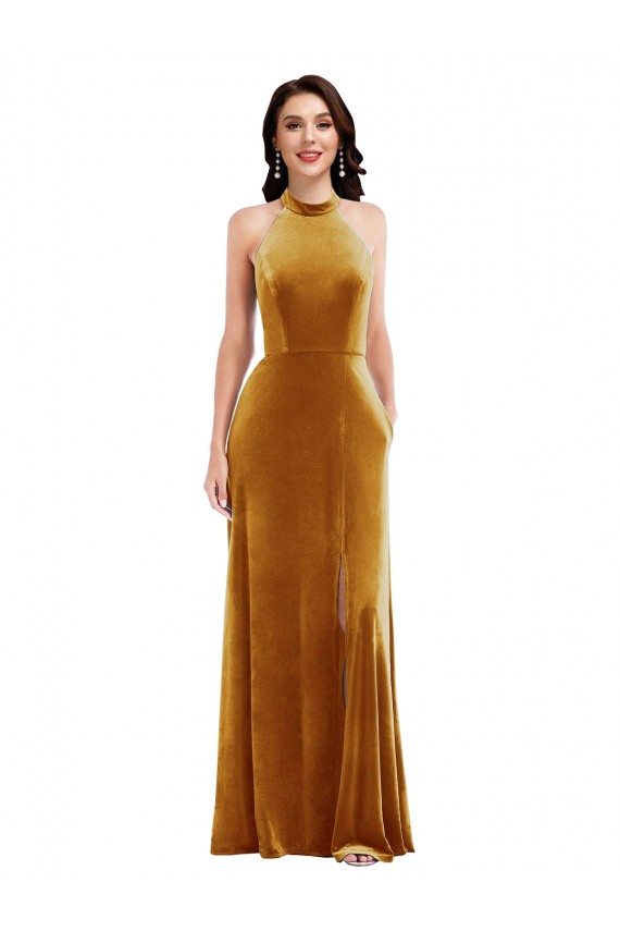 Cheap High-Neck Halter Velvet Maxi Prom Dress with Front Slit UK