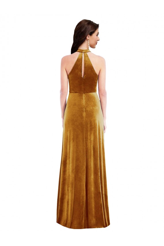 Cheap High-Neck Halter Velvet Maxi Prom Dress with Front Slit UK
