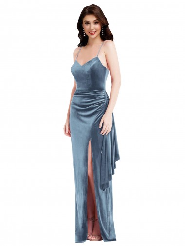 Cheap Spaghetti Strap Velvet Maxi Prom Dress with Draped Skirt UK