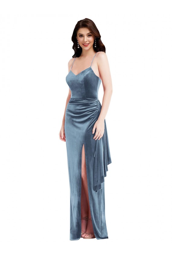 Cheap Spaghetti Strap Velvet Maxi Prom Dress with Draped Skirt UK