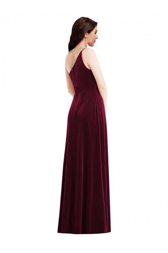 Cheap One Shoulder Spaghetti Strap Velvet Maxi Prom Dress with Pockets UK