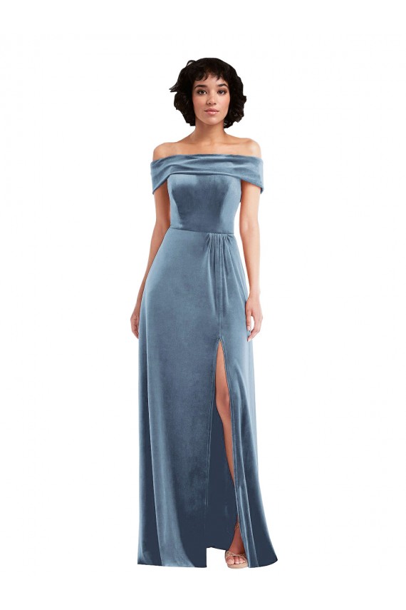 Cheap Draped Cuff Off the Shoulder Velvet Maxi Prom Dress with Pockets UK