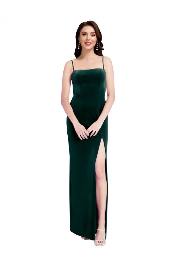 Cheap Straight Neckline Spaghetti Straps Long Velvet Prom Dress with High Side Slit UK