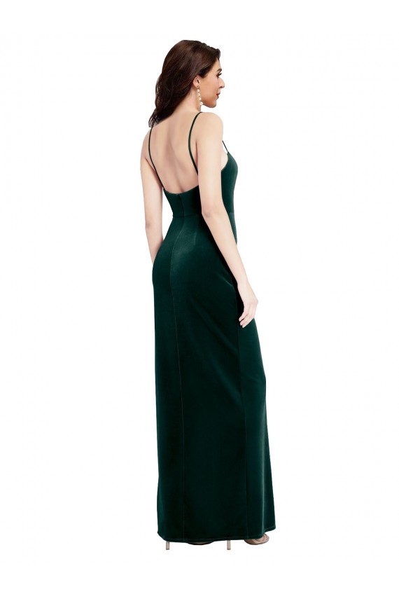 Cheap Straight Neckline Spaghetti Straps Long Velvet Prom Dress with High Side Slit UK