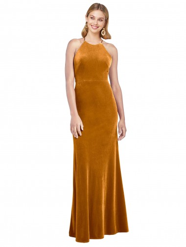 Cheap Halter Neckline Long Full Length Velvet Prom Dress with Strappy Back UK