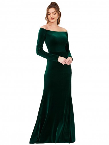 Cheap Off the Shoulder Long Sleeves Stretch Velvet Prom Dress UK