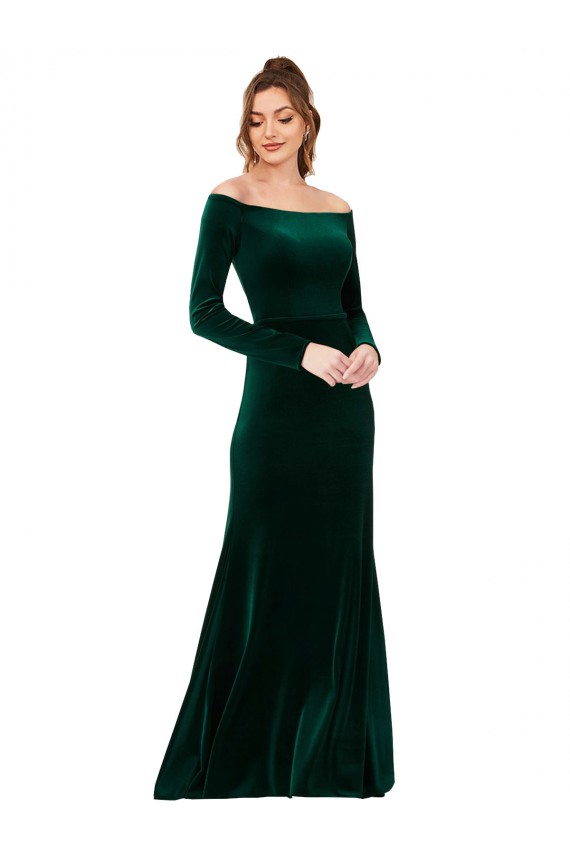 Cheap Off the Shoulder Long Sleeves Stretch Velvet Prom Dress UK