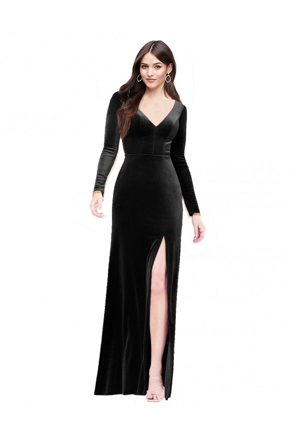 Cheap Long Sleeves Velvet Prom Dress with V-Neckline and Thigh Slit UK