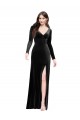 Cheap Long Sleeves Velvet Prom Dress with V-Neckline and Thigh Slit UK