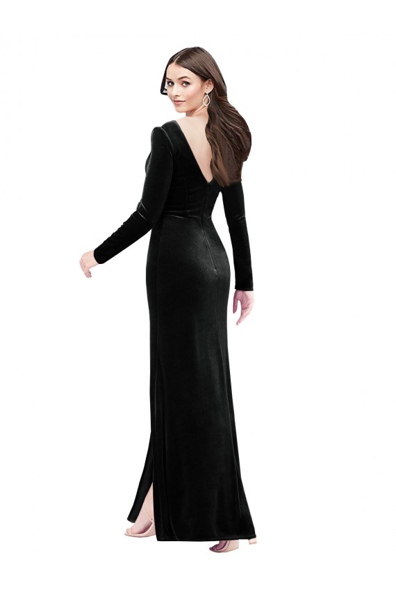 Cheap Long Sleeves Velvet Prom Dress with V-Neckline and Thigh Slit UK