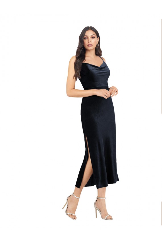 Cheap Midi Length Velvet Cocktail Prom Dress / Homecoming Dress with Cowl Neck and Spaghetti Straps UK