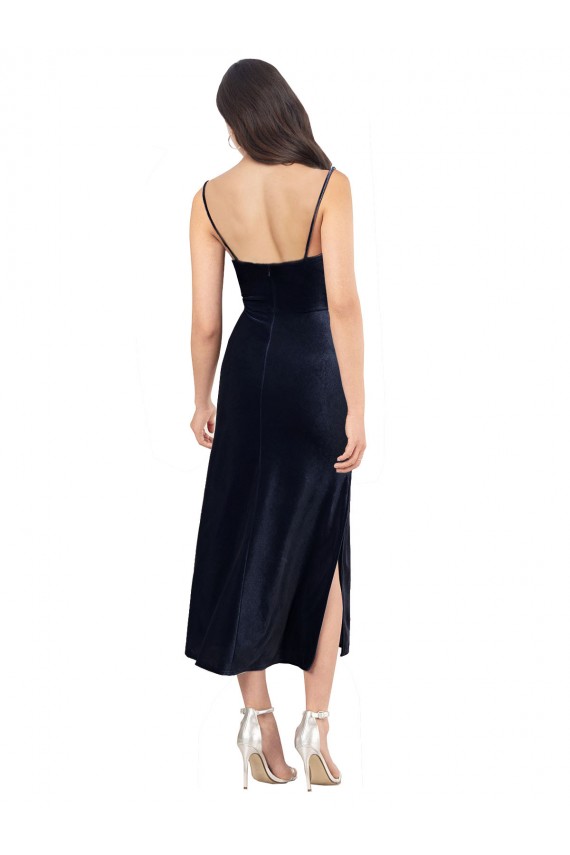 Cheap Midi Length Velvet Cocktail Prom Dress / Homecoming Dress with Cowl Neck and Spaghetti Straps UK