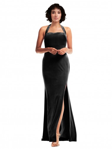 Cheap Empire Waist Stretch Velvet Prom Dress with Halter Strap UK