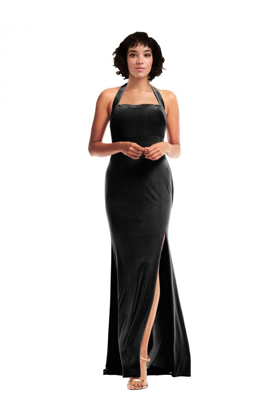 Cheap Empire Waist Stretch Velvet Prom Dress with Halter Strap UK