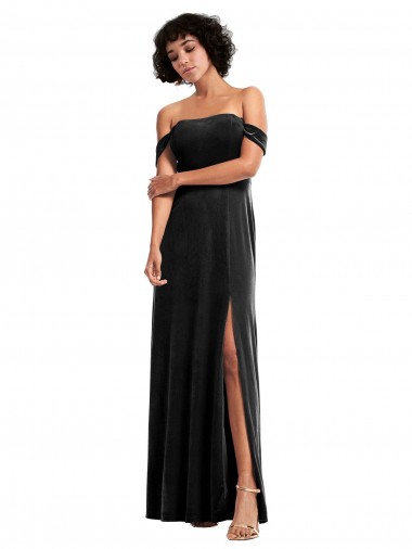 Cheap Off the Shoulder Drapped Sleeves Stretch Velvet Prom Dress UK