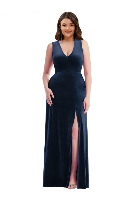 Cheap Deep V-Neck Sleeveless Velvet Maxi Prom Dress with Pockets UK