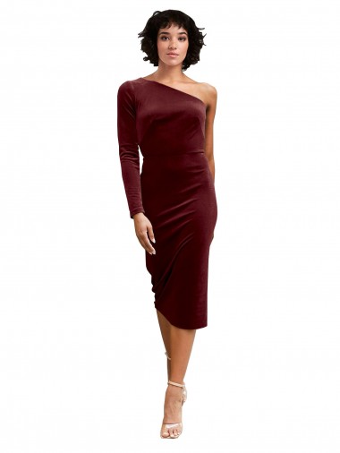 Cheap One Shoulder Fitted Short Midi Length Velvet Prom Dress UK