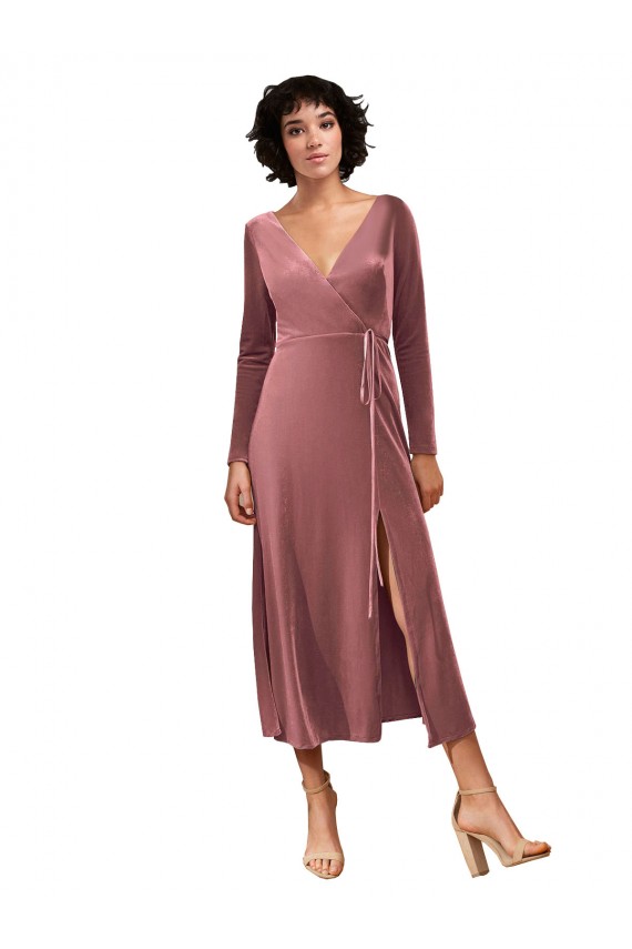 Cheap Long Sleeve Velvet Faux Wrap Midi Length Prom Dress UK