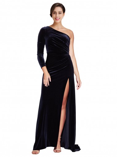 Cheap One Sleeve Long Velvet Prom Dress with Thigh High Split UK