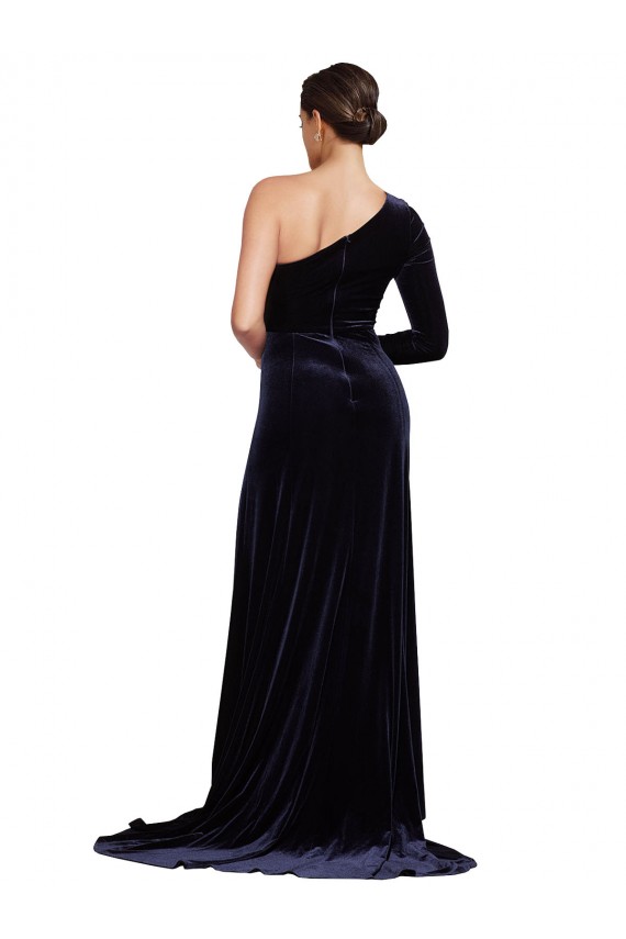 Cheap One Sleeve Long Velvet Prom Dress with Thigh High Split UK