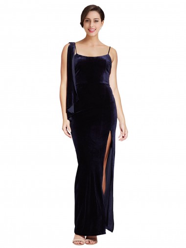 Cheap Long Velvet Prom Dress with Side Thigh Split and Shoulder Tie UK