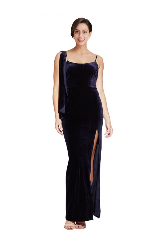 Cheap Long Velvet Prom Dress with Side Thigh Split and Shoulder Tie UK
