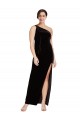 Cheap One Shoulder Long Velvet Prom Dress with Side Split and Shoulder Tie UK