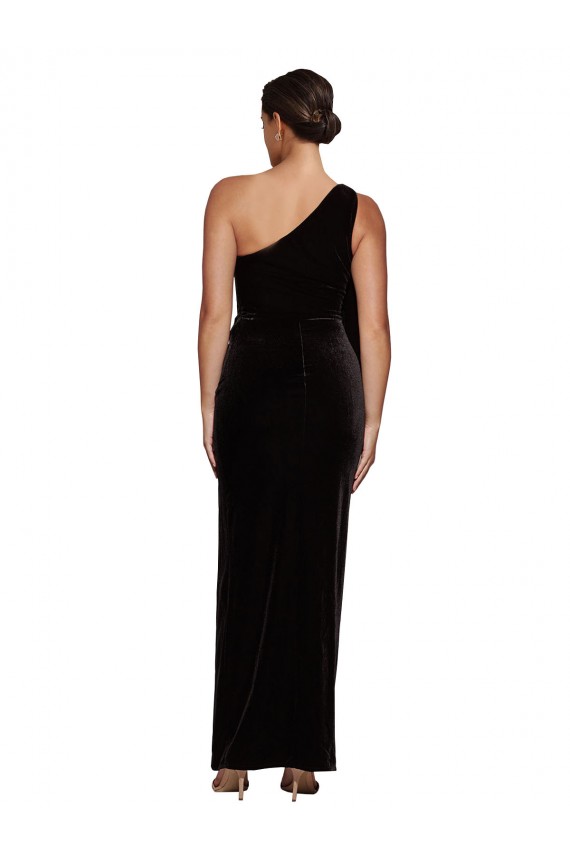Cheap One Shoulder Long Velvet Prom Dress with Side Split and Shoulder Tie UK