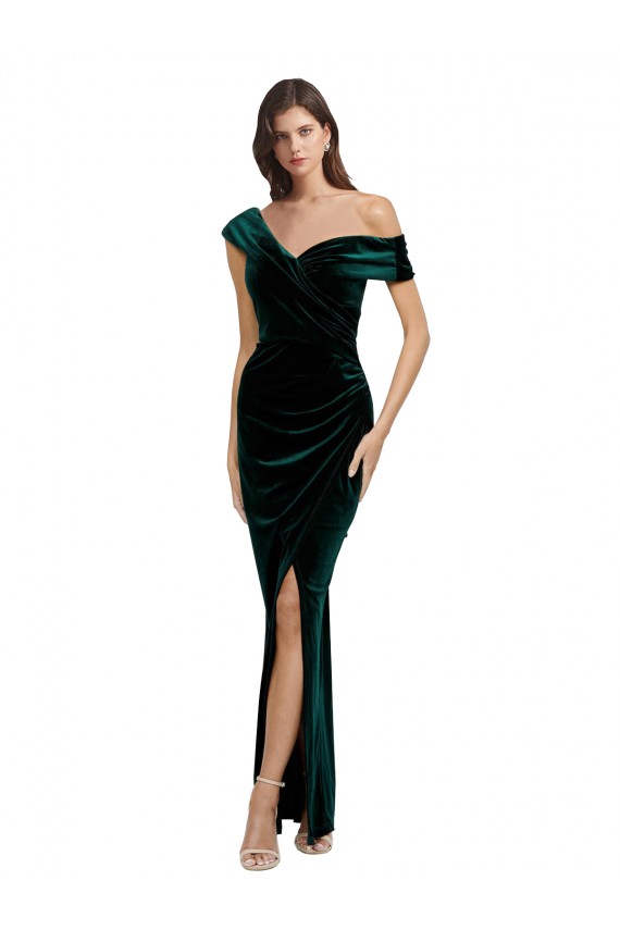 Cheap Long Asymmetric Neckline Ruched Velvet Prom Dress UK