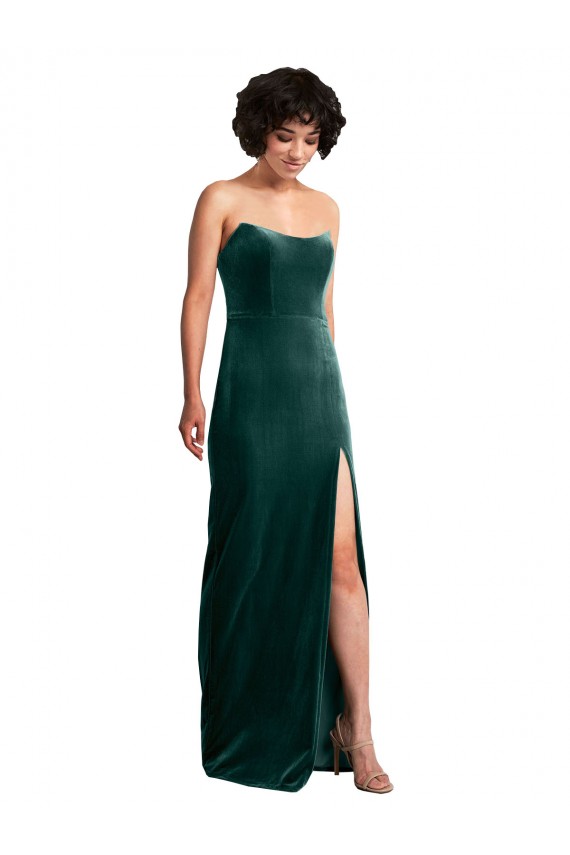 Cheap Scooped Strapless Long Velvet Prom Dress with Daring Side Slit UK